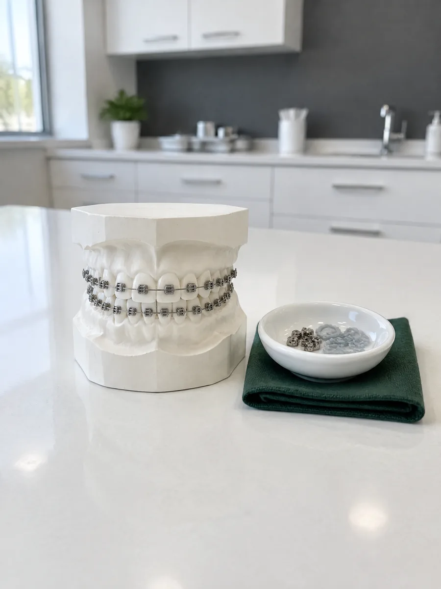 Um modelo de gesso dos dentes com aparelho fixo, e bráquetes soltos num pires ao lado.