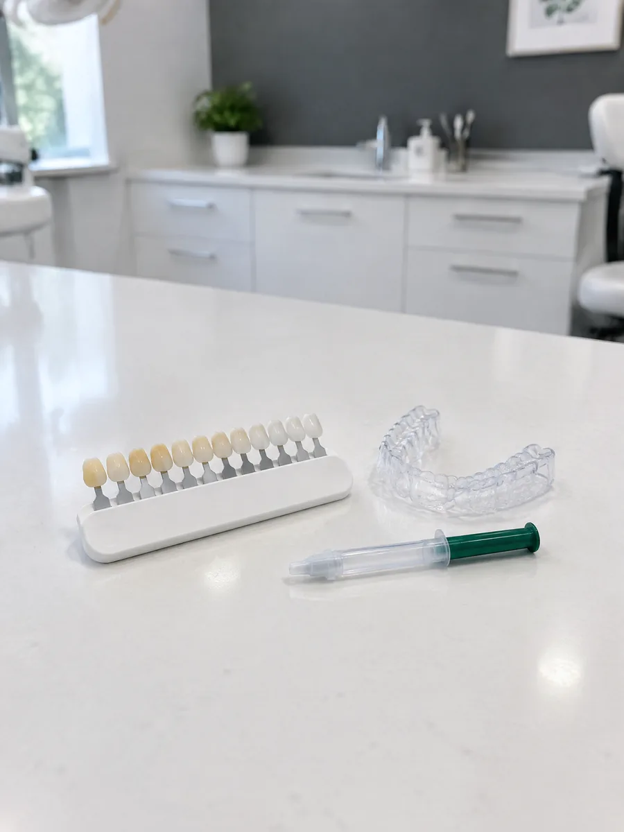 A escala de cor dos dentes aberta em leque, ao lado de uma moldeira transparente de clareamento.