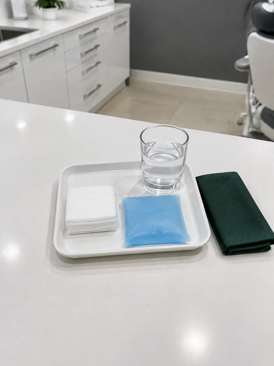 Uma bandeja com gaze, uma bolsa de gelo e um copo de água, os cuidados dos dias depois da extração.
