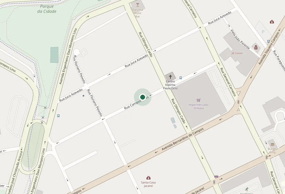 Mapa do Centro de Jacareí com o ponto verde na Rua Campos Sales, 191, perto da Avenida Bernardino de Campos e da Rua Olímpio Catão.