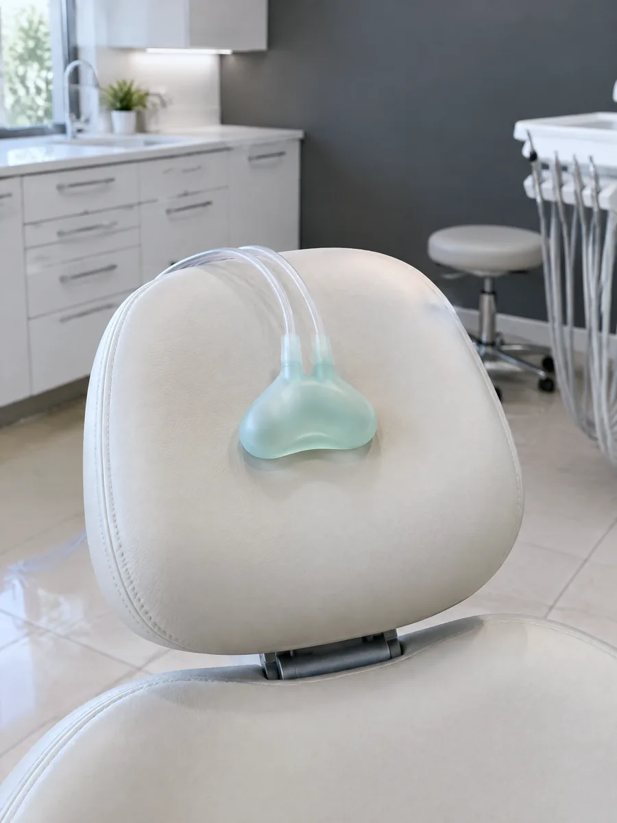 A máscara nasal pequena da sedação com óxido nitroso, apoiada no encosto da cadeira do dentista.