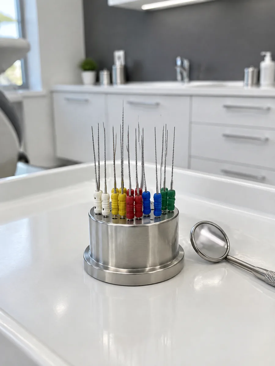 As limas finas de tratamento de canal, organizadas num suporte, ao lado de um espelho de dentista.